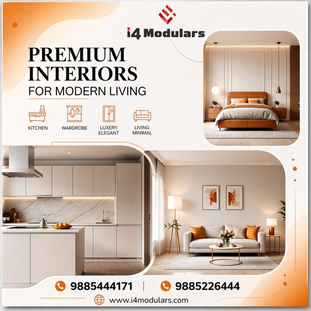 Looking for the best modular kitchen manufacturer in Hyderabad? I4 Modulars interior designers offer stylish, durable, and customized kitchen interiors. Call 91-9885444171, 9885226444.